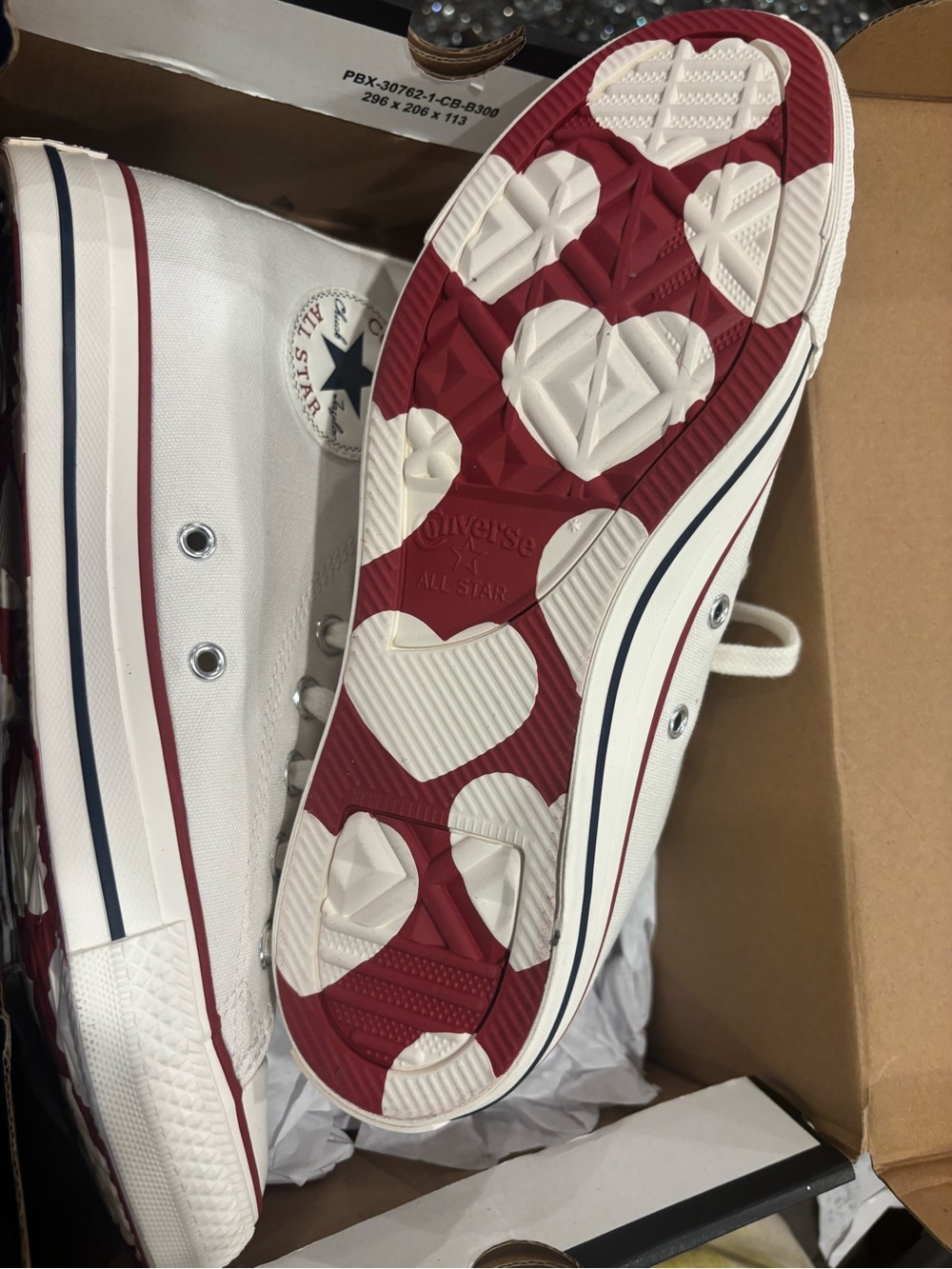 Converse White High Top Sneakers with Red & White Heart Studs - Picture 7 of 8